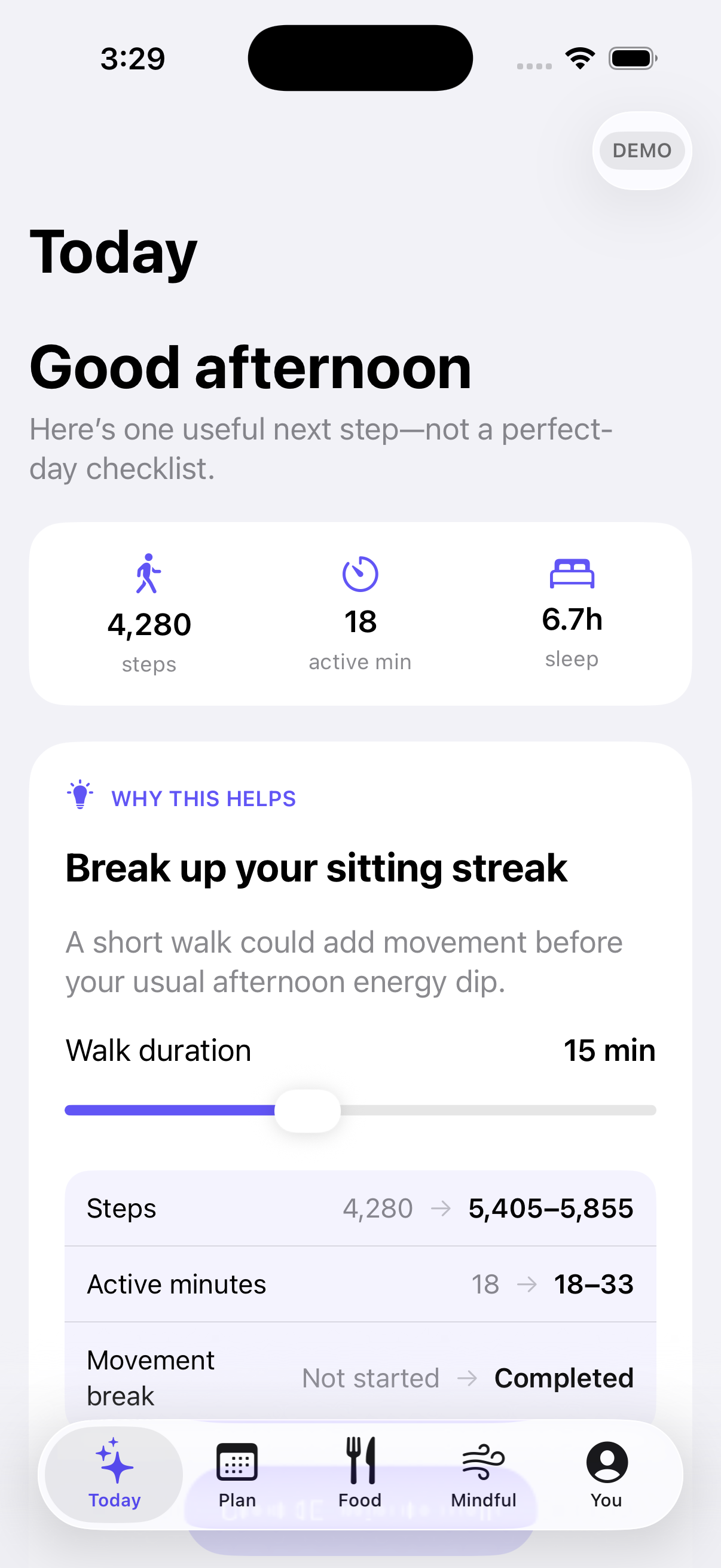 HealthRhythm Today screen with demo wellness activity