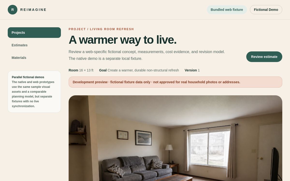 Remodel Reimagined development preview showing a sample living-room project and its estimate review workflow